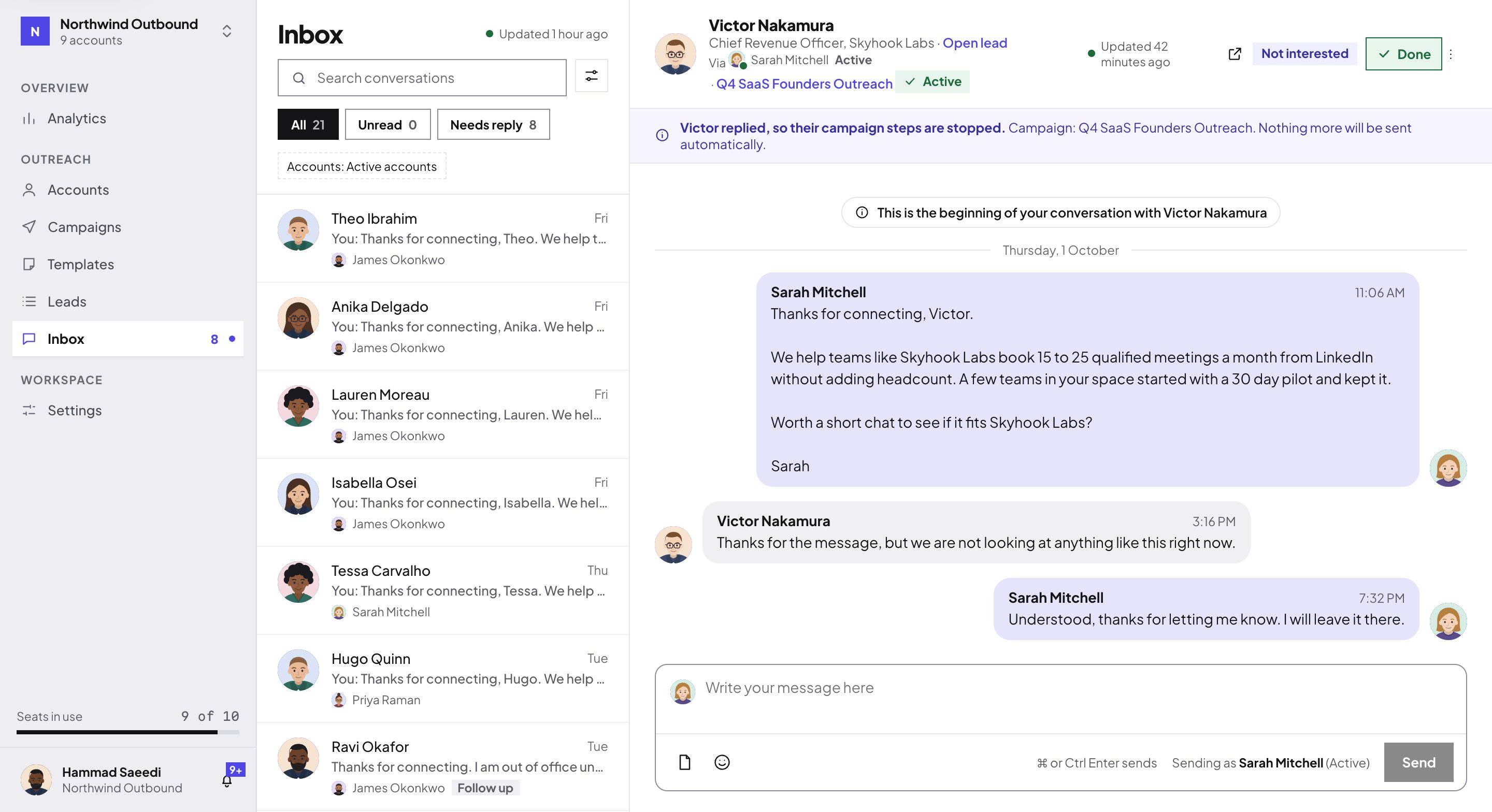 The Master Inbox with a conversation open: the list of conversations from every account, the thread and the reply box